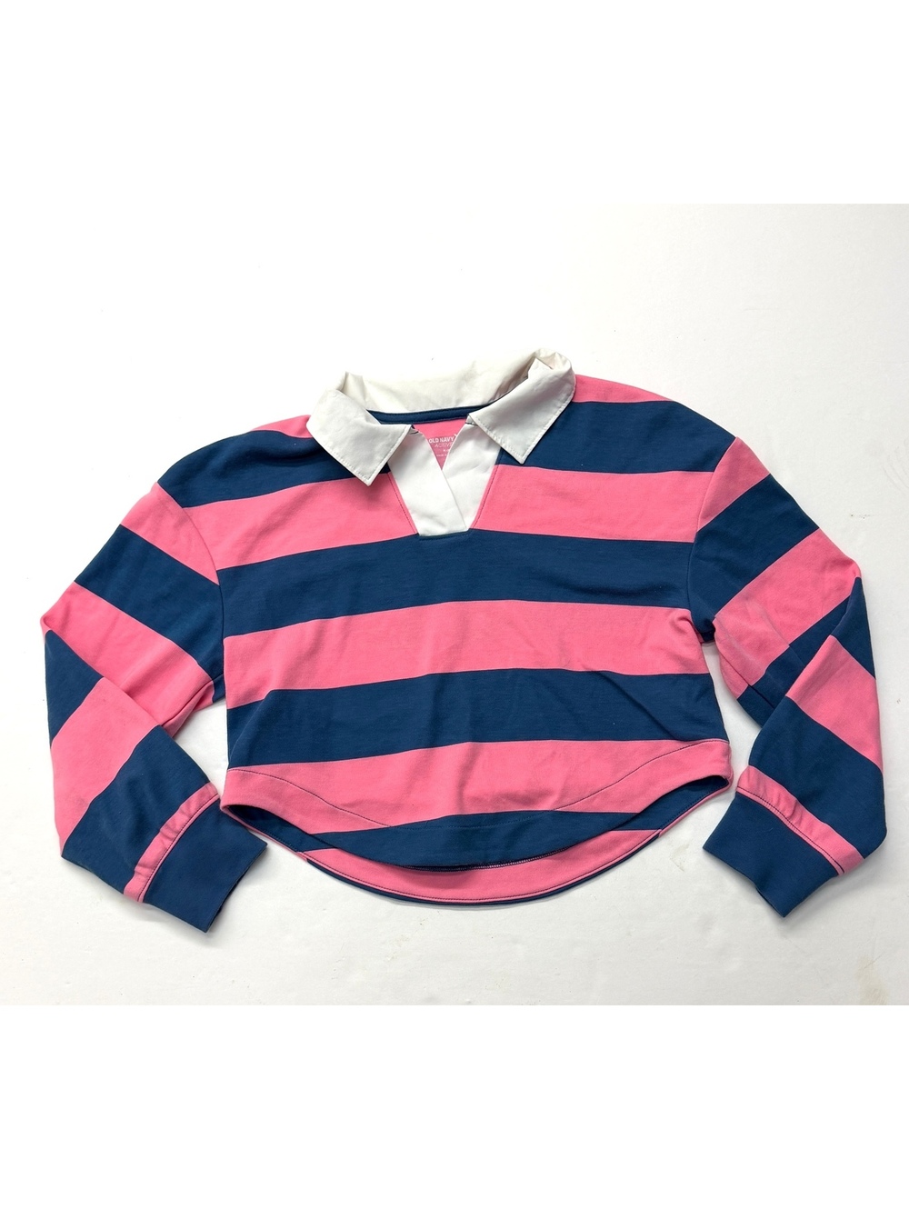 Old Navy Active Girls Pink & Blue Striped Cropped Rugby Polo Shirt Long Sleeve
